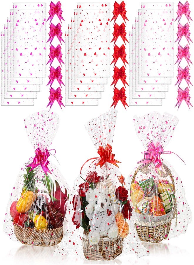 Geelin 15 Set Valentine Basket Bags with Bows Cellophane Heart Printed Basket Bags with 15 Pcs Pull Bows, 22.8 x 28 Inches Gift Wrapping Supplies for Cookie Dolls Gifts Candy Crafts Fruits - Image 1